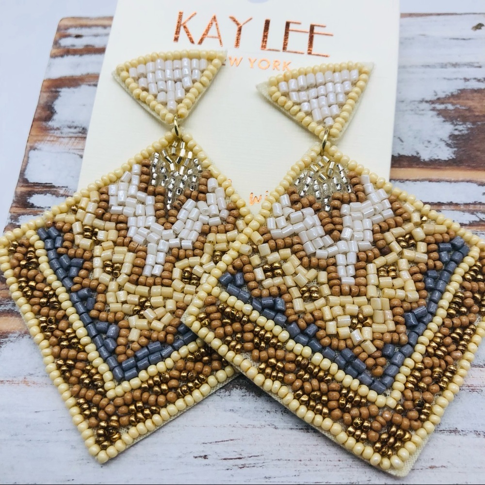 Boho Square Beaded Neutral Statement Earrings